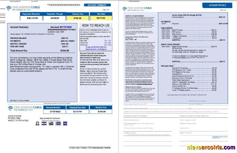 USA Time Warner Cabel utility bill, 3 pages 1 2